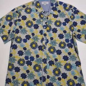 SMASH Blue and Yellow Floral Men Thick Cotton Shirt Size Xl Button Down